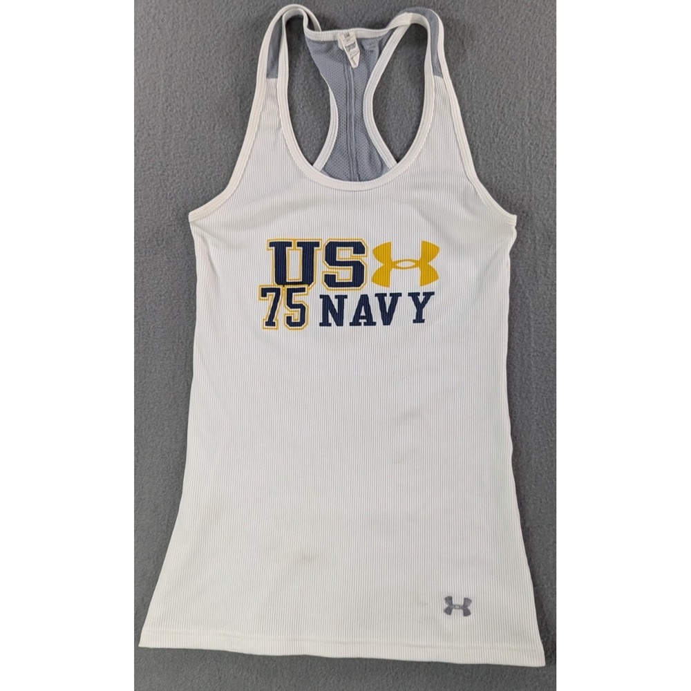 Under Armour Womens US‎ Navy HeatGear Ribbed Racerback Tank Top Small White